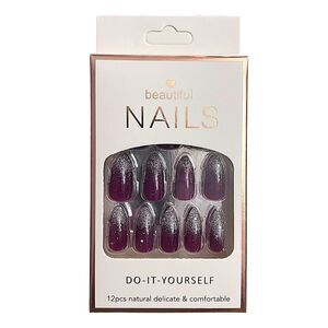 🤯5/$20🤯 Press On Nails Red Dark Nail With Silver Glitter Almond Shape NWT